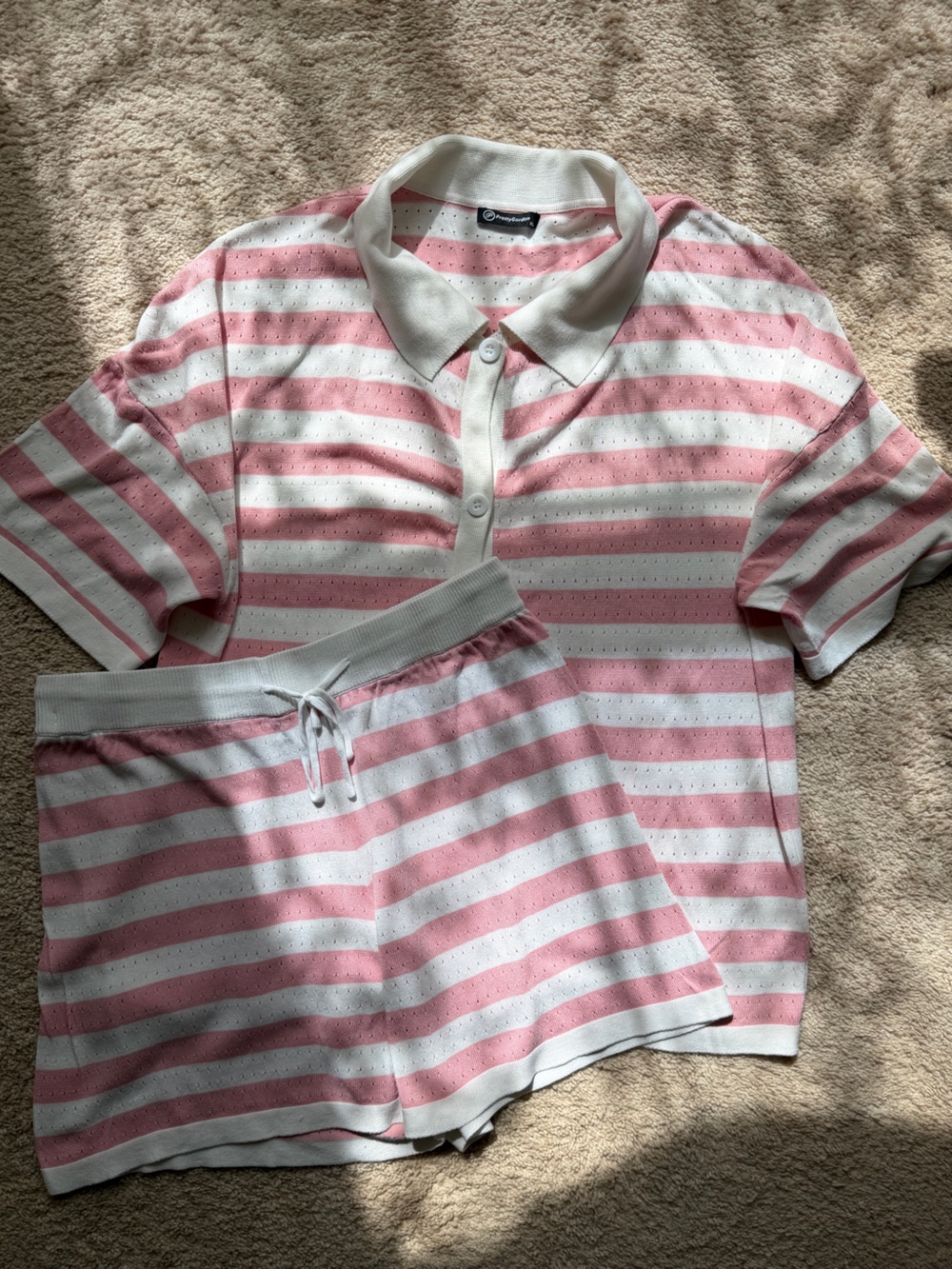 PrettyGarden Pink & White Striped Knit Polo Shorts Set – XL
